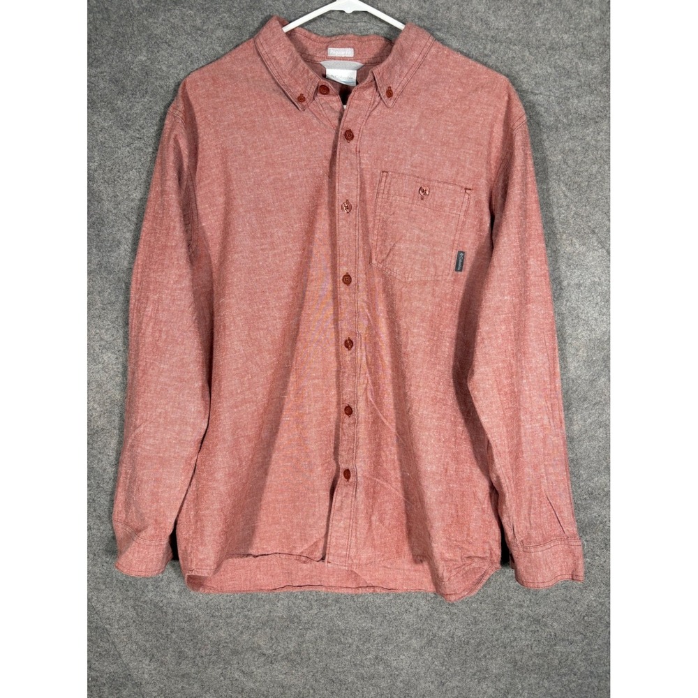 Columbia Mens Long‎ Sleeve Button Down Shirt Regular Fit Red Heather Cotton L